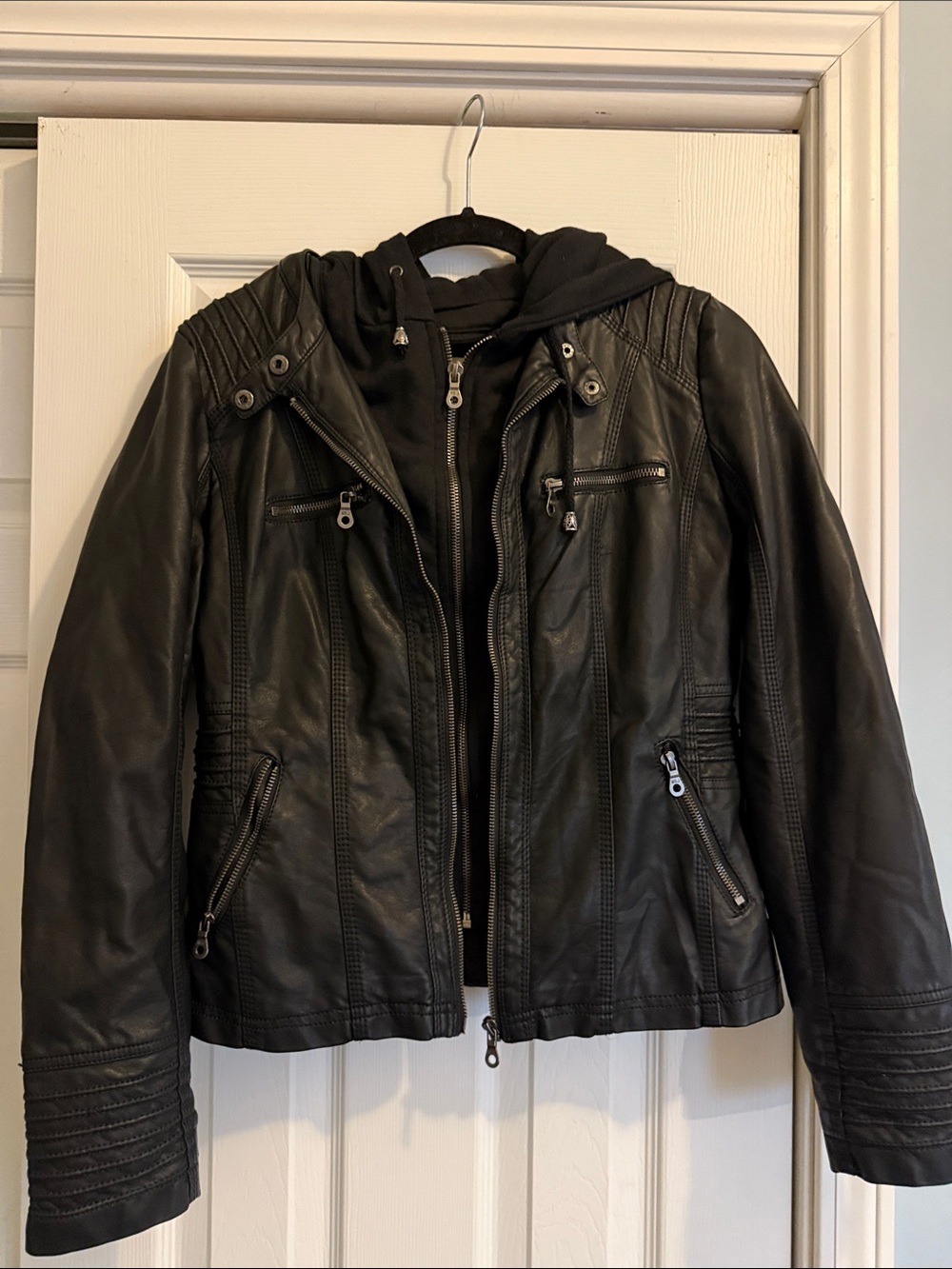 Made by Johnny Black Faux Leather Jacket with Hoodie zip out Layer L